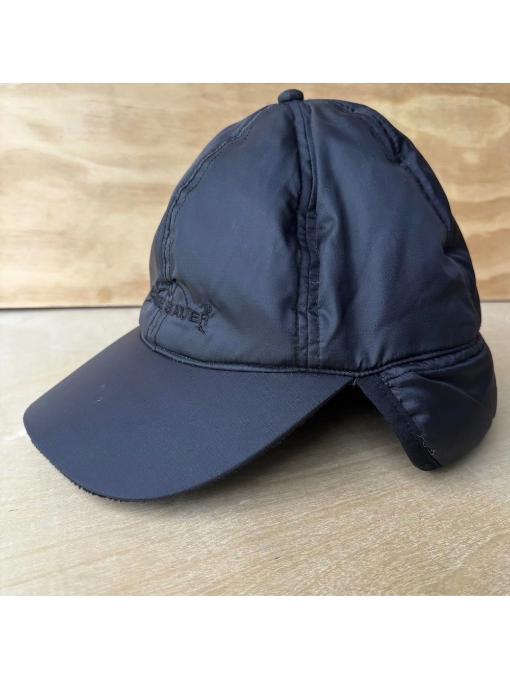 Eddie Bauer S/M Trapper Hat Baseball Cap Black Embroidered Ear Flap